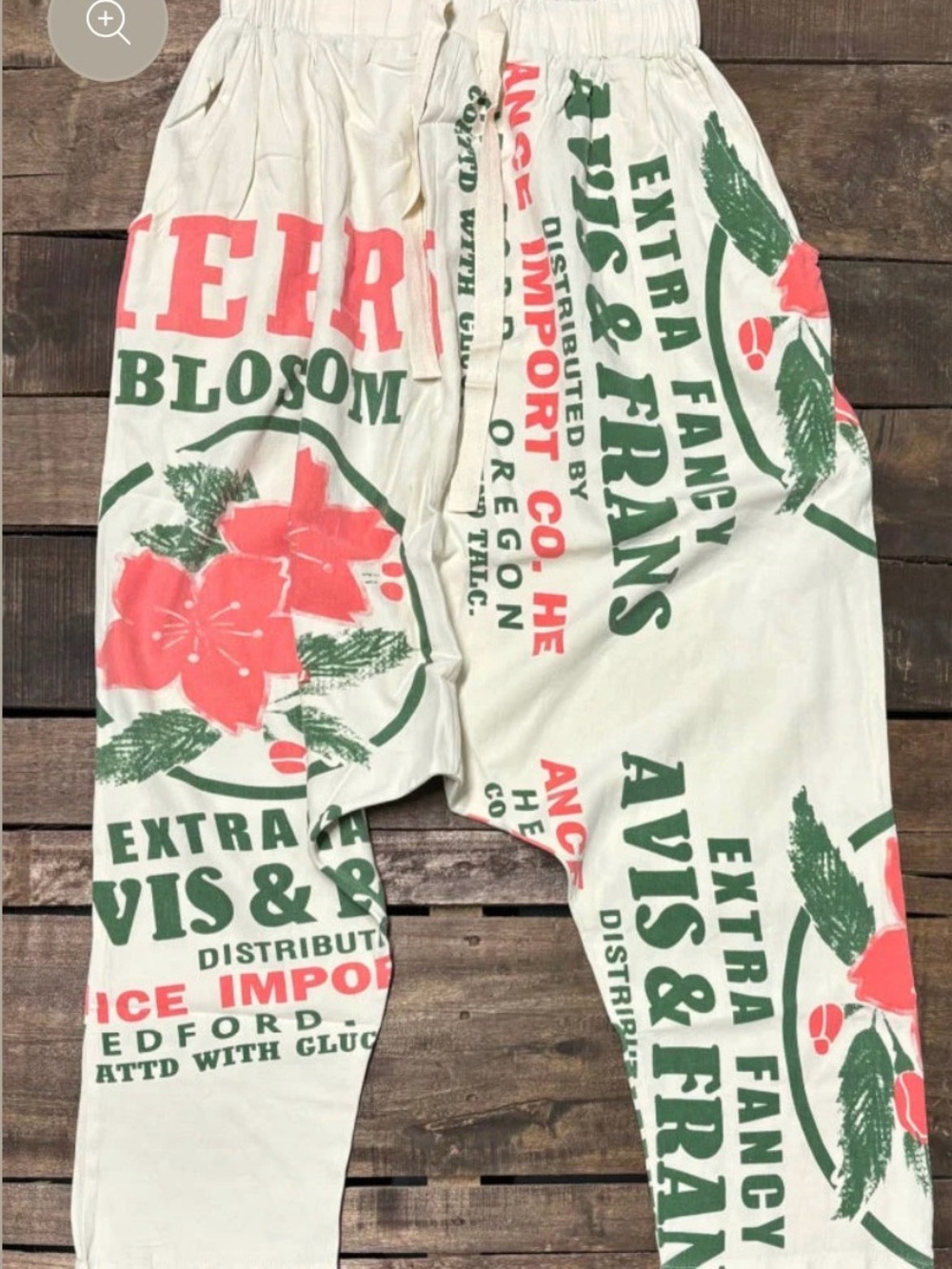 Drop Crotch Graphic Floral Print Jeans - White with Coral & Green - Picture 2 of 2